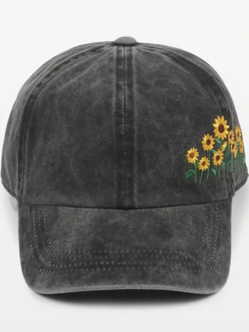 Black Washed Denim Sunflower Embroidered Baseball Hat Cap New - Picture 2 of 2